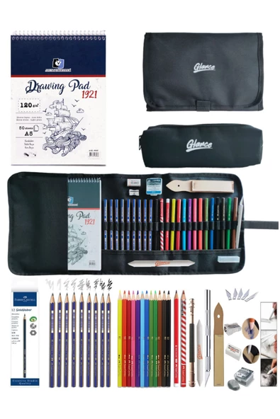 A5 Eskiz Defterli 50 Yp Faber Goldfaber Dereceli Kalem Kuru Boya Cepli Siyah Kalemlik 24 bölmeli Set ürün görseli