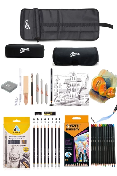 Adel Dereceli Kalem Seti 8'li Bic Aquarelle Kuru-suluboya Kalemi 12 Renk Esliz Set ürün görseli 1
