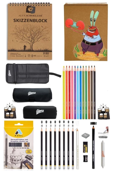 Alex Schoeller Kraft A5 Spiralli 50 yp Dereceli Kalem Kuruboya Kalemi Çantalı Çizim Eskiz ürün görseli 1