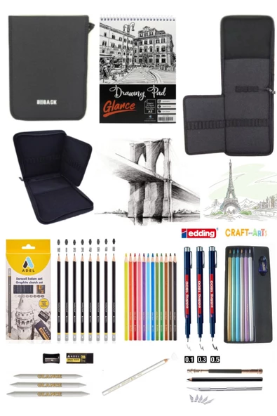 Eskiz Defteri Dereceli Kalem Seti 8'li Craft 6Lı Jumbo Metalik Kuruboya Bback 2 Katlı Eskiz Çantası ürün görseli 1
