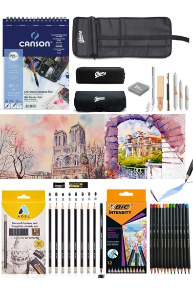 Canson Defter A5 200 gr Adel Dereceli Kalem Seti 8'li Bic Aquarelle Kuru-suluboya Kalemi 12 Renk ürün görseli