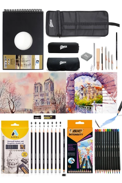 Alex Schoeller A5 300 Gr Adel Dereceli Kalem Seti 8'li Bic Aquarelle Kuru-suluboya Kalemi 12 Renk ürün görseli 1