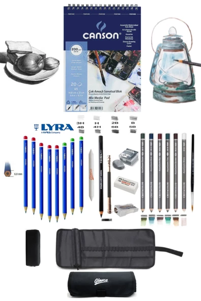 Canson Defter A5 200gr Lyra Robinson Dereceli Kalem Cretacolor 6'lı Aquarell Kalem Çantalı Eskiz Set ürün görseli 1