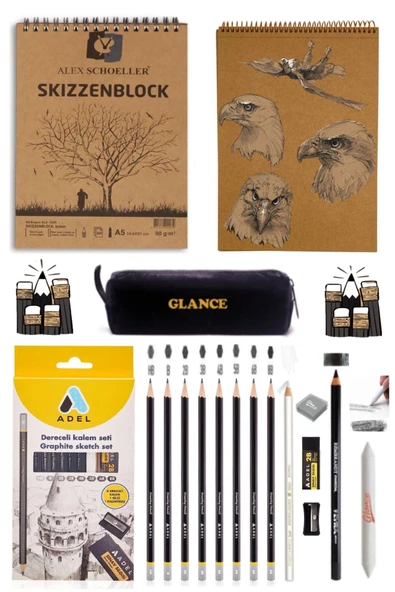 Alex Schoeller Kraft A5 Üstten Spiralli 50 yp Adel Dereceli Kalem Seti 8'li Eskiz Çizim Set ürün görseli
