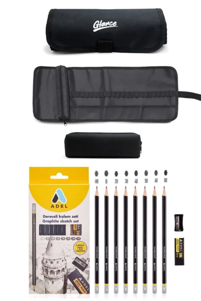 Adel Dereceli Kalem Seti 8'li Siyah Rulo Bez Kalemlik 24 Bölmeli + Kalem Kutusu Set ürün görseli 1
