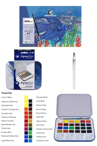 Alex Schoeller A5 300 Gr 12 Yaprak Daler Rowney Aquafine 24'lü Yarım Tablet Suluboya Seti