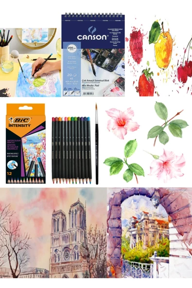 Bic İntensity Aquarelle Kuru-suluboya Kalemi 12 Renk Canson Defter A5 200 gr Set