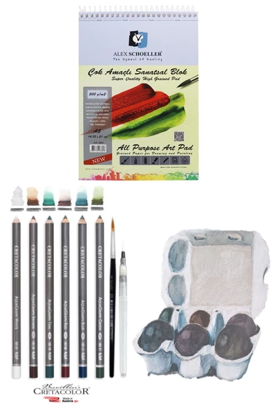 Alex Schoeller 200gr A5 20 Yaprak Cretacolor 6'lı Aquarell Sulandırılabilir Fırçalı Eskiz Set ürün görseli 1