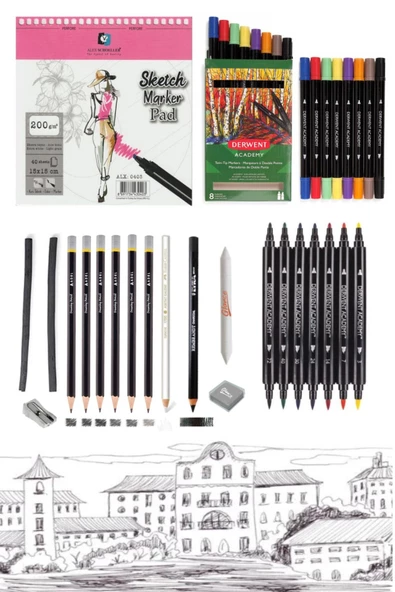 Alex Schoeller Çizim 15*15 Cm 40yp 200gr Derwent Academy Çift Taraflı Keçeli Kalem 8 Renk Çizim Seti ürün görseli 1