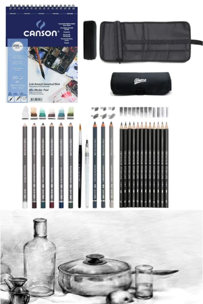 Canson Defter A5 200 gr Cretacolor 6'lı Aquarell Sulandırılabilir Fırçalı Rulo Kalemlik Eskiz ürün görseli 1