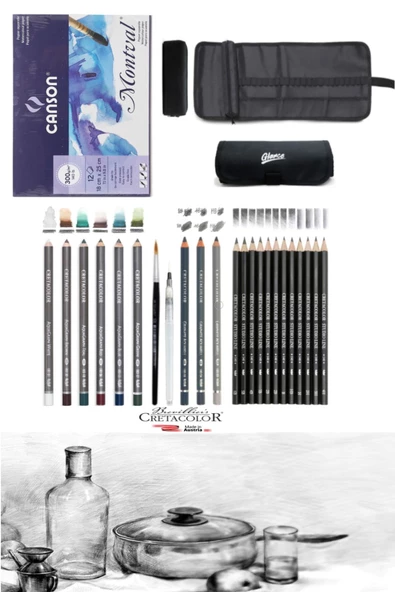 Canson Montval 18x25cm300gr 12 Cretacolor6'lı Aquarell Sulandırılabilir Fırçalı Rulo Kalemlik Seti ürün görseli 1
