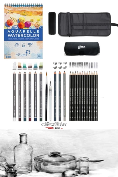 Van Dyck A5 300gr 20 Yp Cretacolor 6'lı Aquarell Sulandırılabilir Fırçalı Rulo Kalemlik Eskiz Seti ürün görseli 1