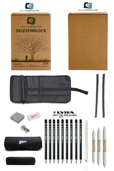 Alex Kraft Spiralli Blok 90gr A4 50 Yp Lyra Dereceli Kalem Profesyonel Karakalem Çantalı Eskiz Seti ürün görseli 1