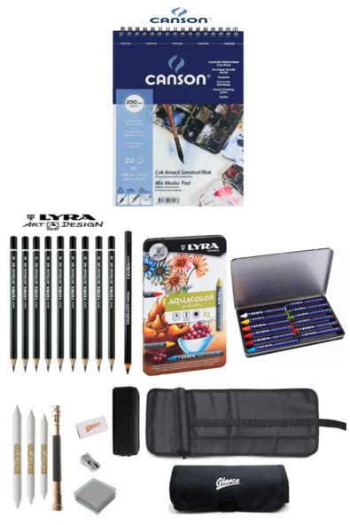 Canson Çok Amaçlı Defter A5 200 Gr Karakalem Ve Lyra Aquacolor Pastel Boya 12 Renk Çizim Eskiz Seti ürün görseli 1