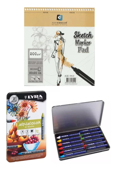 Alex Sketch Marker Pad Eskiz Defteri 200gr 20x20cm 40yp Spiralli Lyra Aquacolor Pastel Boya 12 Renk ürün görseli 1