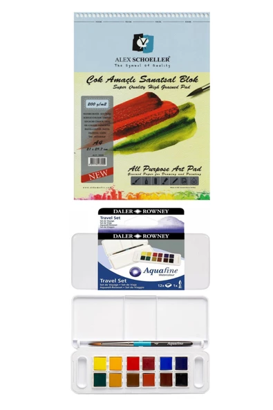 Alex Schoeller Çok Amaçlı Sanatsal Blok A4 20 Yp 200 Gr Daler Rowney Aquafine Suluboya Set 12'li ürün görseli