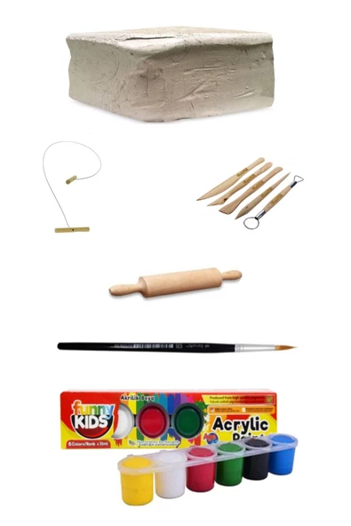 Seramik Hamuru 1 Kg Kil Kesme Teli Merdane Ebeşuarlı Funny Kids 15 ml 6lı Akrilik Set ürün görseli 1