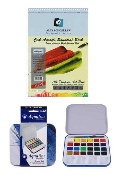 Alex Schoeller Çok Amaçlı Sanatsal Blok A4 20 Yp 200 Gr Daler Rowney Aquafine Suluboya Set 24'lü ürün görseli