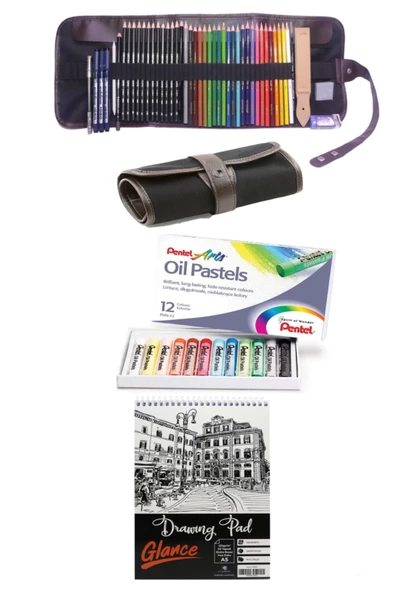 A5 Eskiz Defterli Cretacolor Dereceli Kalem Studioline Derwent Colour Thin Pentel 12'li Rulo Çanta ürün görseli 1