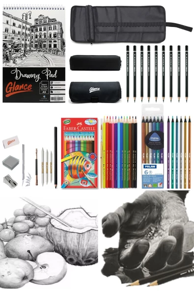 Eskiz Defteri Karakalem Metalik Sulu Kuruboya Kalemi Çantalı Çizim Eskiz Set ürün görseli 1