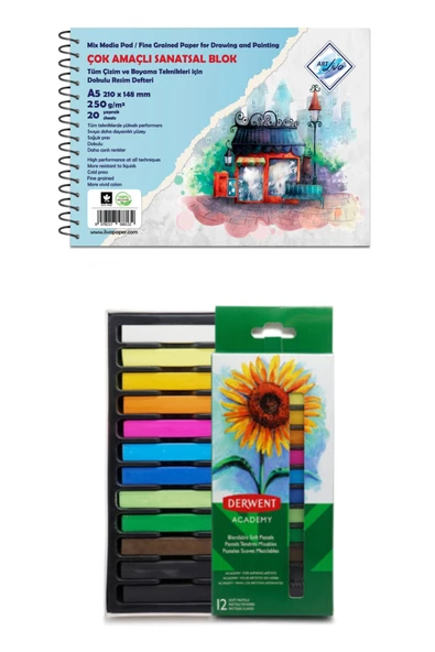 Art Liva Sanatsal Resim Defteri 250 Gr A5 (sulu Teknik) Derwent Academy Soft Pastel 12 Renk
