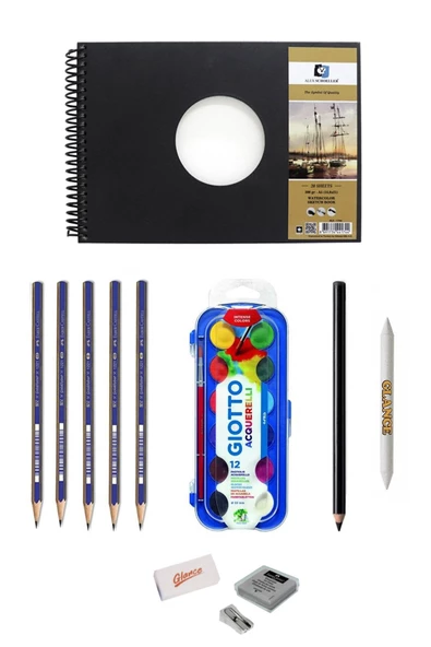 Alex Schoeller Sulu Boya Defteri A5 300 Gr 20 Yaprak Karakalem Çizim Seti Kalemtıraş,eskiz Seti ürün görseli 1