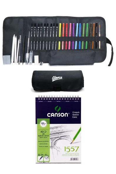 Canson Eskiz Defteri A5 120 Gr 40 Yp Faber Watercolor Kuru Boya Lyra Karakalem Rulo Çantalı Set ürün görseli