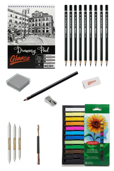 Eskiz Defteri A5 120 Gr 50 Yp Lyra Dereceli Kalem Karakalem Derwent Academy Soft Pastel 12 Renk - 1