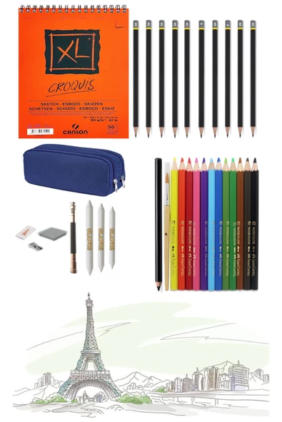 Canson Xl A5 Eskiz Defterli Karakalem Ve Faber Water Color Kuruboya Kalemi Çizim Eskiz Seti ürün görseli 1