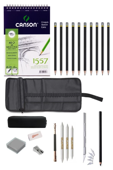 Canson 1557 A5 Eskiz Defteri 120g Karakalem Çantalı Çizim Eskiz Seti Hamur Silgi Kömür Kalem ürün görseli 1