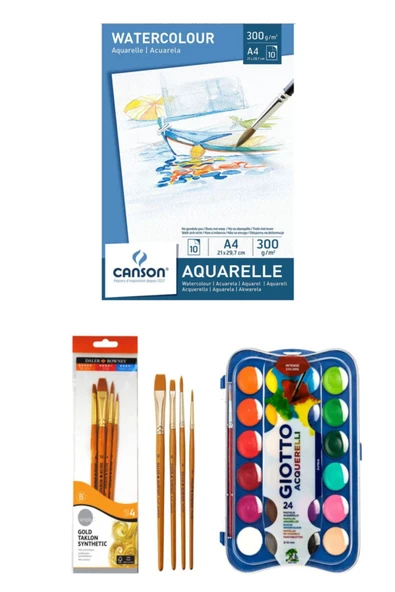 Canson Sulu Boya Blok Defteri 10 Sy A4 300 gr Giotto Block Sulu Boya 24'lü Daller Fırça Seti 4 Lü ürün görseli 1