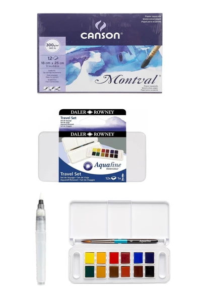 Daler Rowney Aquafine 12'li Tablet Suluboya Canson Suluboya Defteri 18x25cm 300gr Fırça Uçlu Kalem ürün görseli 1