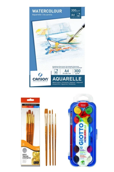 Canson Sulu Boya Blok Defteri 10 Sy A4 300 Gr+giotto Block Sulu Boya 12 Li+daller Fırça Seti 4 Lü ürün görseli 1
