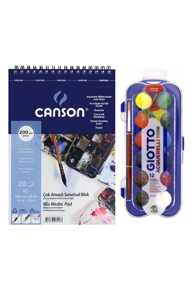 Canson Mix Media Pad Çok Amaçlı Resim Defteri A5 200 Gr 20 Sayfa Giotto Suluboya Seti 23 Mm 12'li ürün görseli 1