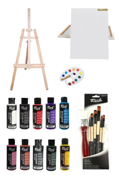 Ayaklı Şövale+50x70 Tuval 10'lu Rich Akrilik 120 Cc+7'li Fırça Set ürün görseli 1