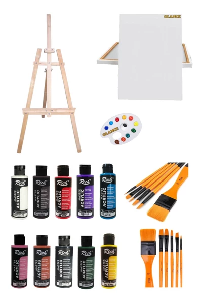 Ayaklı Şövale+35x50 Tuval10'lu Rich Akrilik120 Cc+6'lı Fırça Set ürün görseli 1