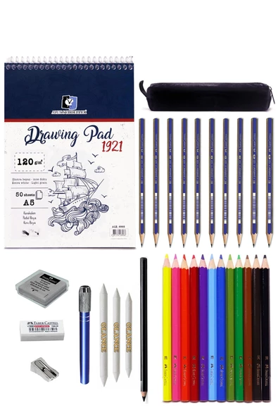 Faber 1221 Eskiz Defterli Karakalem ve Kuruboya Kalemi Çizim Eskiz Seti Kömür Kalem Uzatma ürün görseli