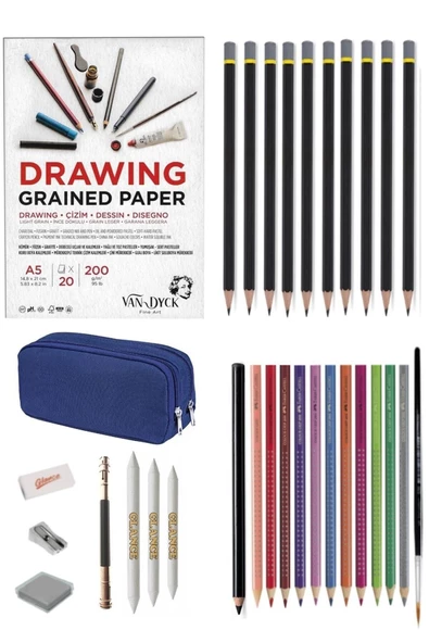Van Dyck 200 gr A5 Eskiz Defterli Karakalem Ve Watercolor Kuruboya Kalemi Çizim Eskiz Seti ürün görseli 1