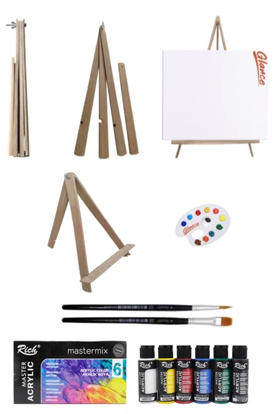 Açılır Kapanır Katlanır Mini Şövale 25x35 Tuval Rich Mastermix Akrilik Boya 6lı 60cc Başlangıç Seti.