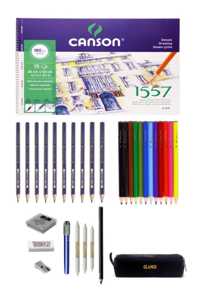 Canson 1557 Resim Defteri 35x50cm 180 Gram 15 Yaprak Karakalem Ve Kuruboya Kalemi Çizim Eskiz Seti ürün görseli 1