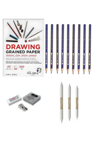 Van Dyck A5 Eskiz Defterli 9 Karakalem Çizim Seti Pastel Dağıtma, Kalemtıraş, Silgi Eskiz Seti ürün görseli 1