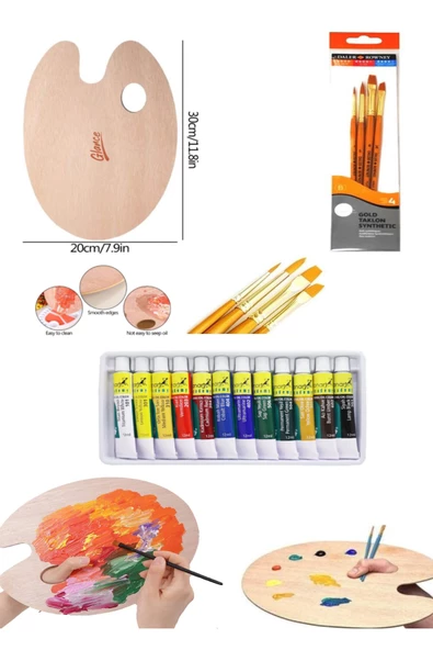 Fanart 12x12 Yağlı Boya Seti Oval Ahşap Palet Delikli 20x30 cm Daller Rowney 4'lü Fırça Seti ürün görseli 1