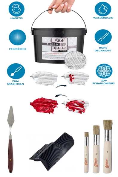 Rölyef Pasta  3,5 KG  Büyük Kova Beyaz Stencıl Spatul Doku Tarağı Set ürün görseli 1