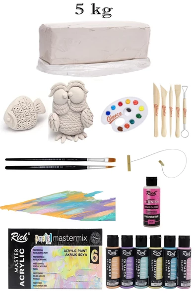 Vakumlu Çamuru Beyaz 5 KG Rich Master Mix 60cc Akrilik 6'lı Pastel Renk Seramik Başlangıç Seti ürün görseli 1