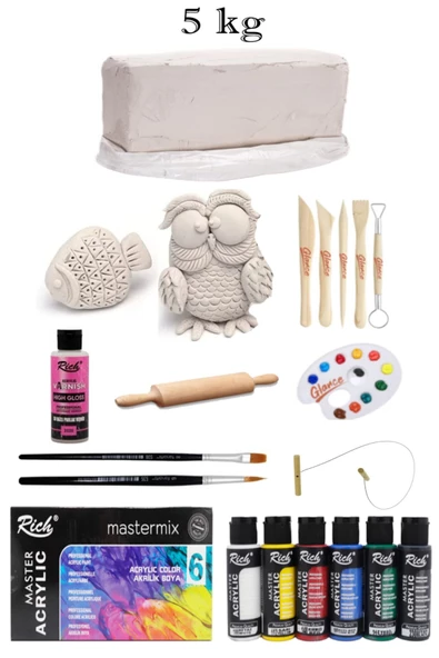 Vakumlu Çamuru Beyaz 5 KG Rich Master Mix 60cc Akrilik 6'lı Canlı Renk Seramik Başlangıç Seti ürün görseli 1