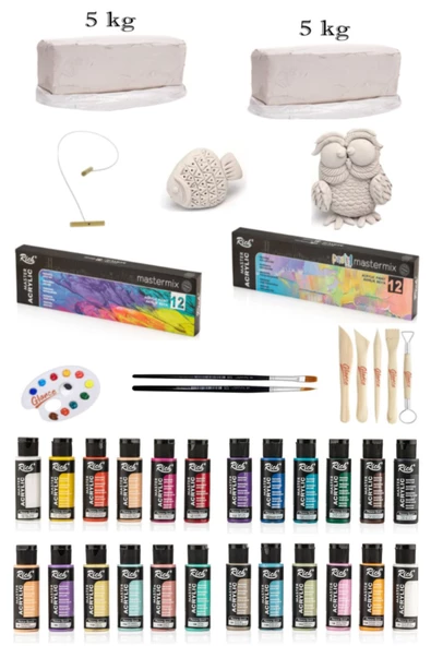 Vakumlu Çamuru Beyaz 5 KG Rich Master Mix 60cc Akrilik 12'li Canlı Pastel Renk Seramik Başlangıç Set ürün görseli