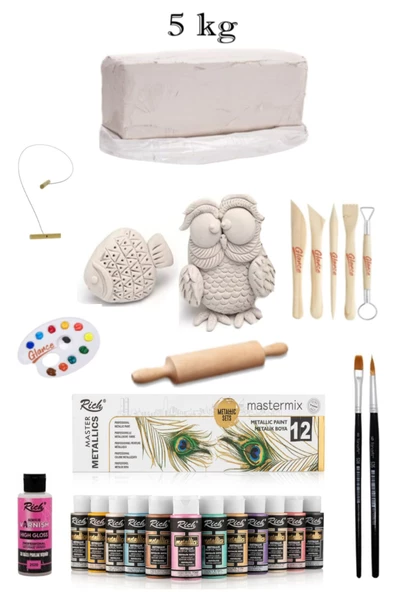 Vakumlu Çamuru Beyaz 5 KG Rich Master Mix 60cc Akrilik 12'li Metalik Renk Seramik Başlangıç Seti ürün görseli 1