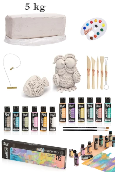Vakumlu Çamuru Beyaz 5 KG Rich Master Mix 60cc Akrilik 12'li Pastel Renk Seramik Başlangıç Seti ürün görseli 1