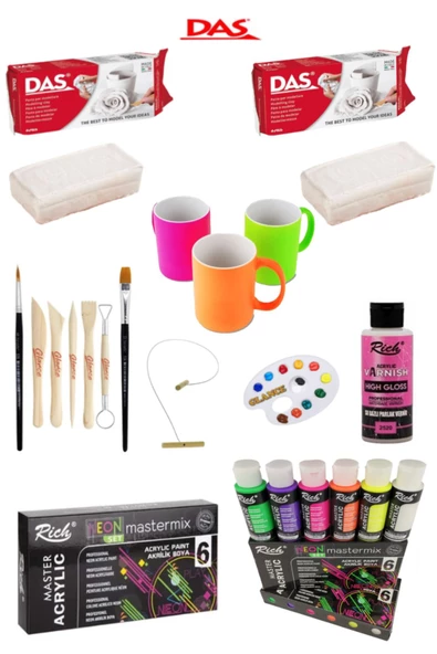 Das Beyaz Seramik Kili 2x500gr Rich Mastermix Akrilik Boya 60cc 6lı Set Neon Set ürün görseli 1