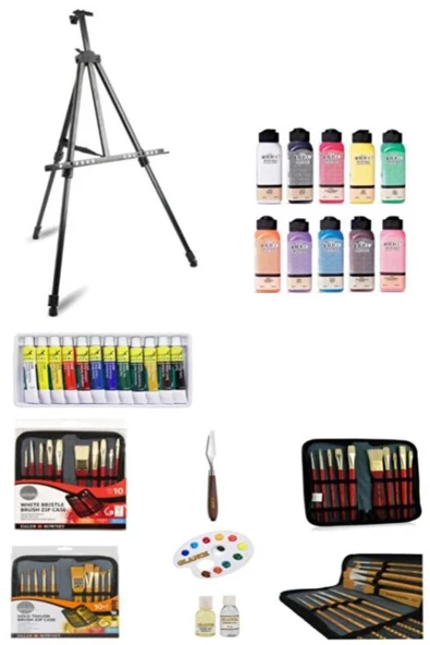 Fanart Academy 12x12 ml Yağlı Boya Artdeco 140 ml Akrilik Boya Gereçleri Metal Şövale Seti ürün görseli 1